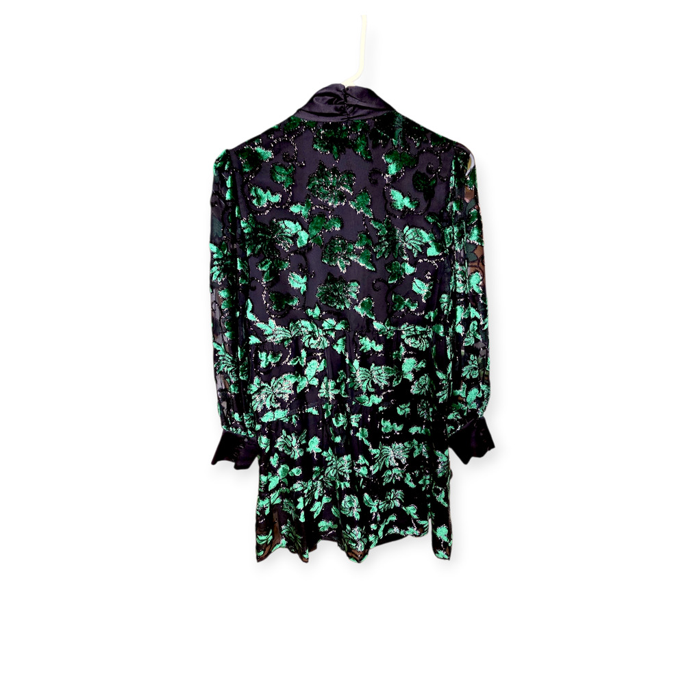 Alice + Olivia Rowen Green Black Velvet Burnout Floral Bow Mini Dress XL - Picture 6 of 10